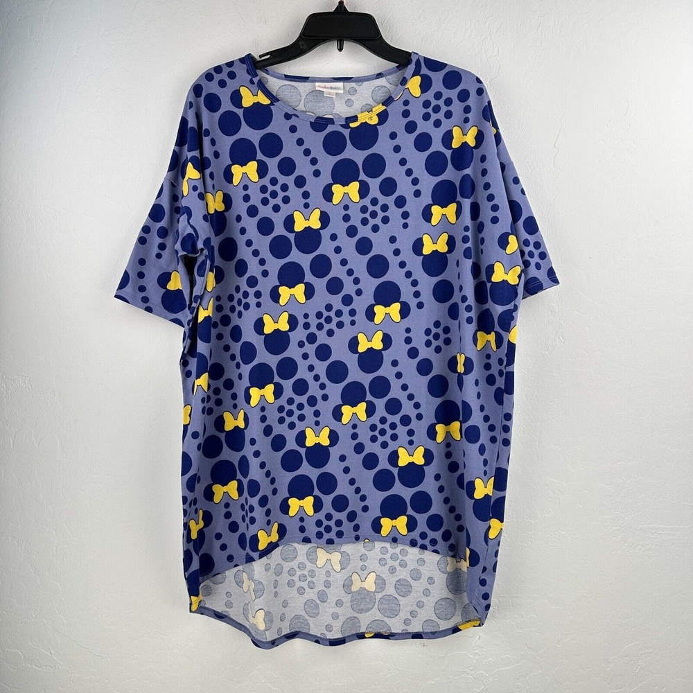 LulaRoe Disney Top Women Medium Purple Yellow Minnie Mouse Short Sleeve High Low